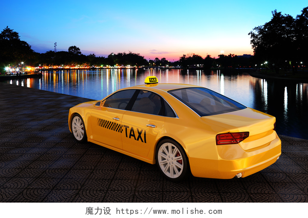 夜晚黄色出租车停在沿海的路边的士停在街上.